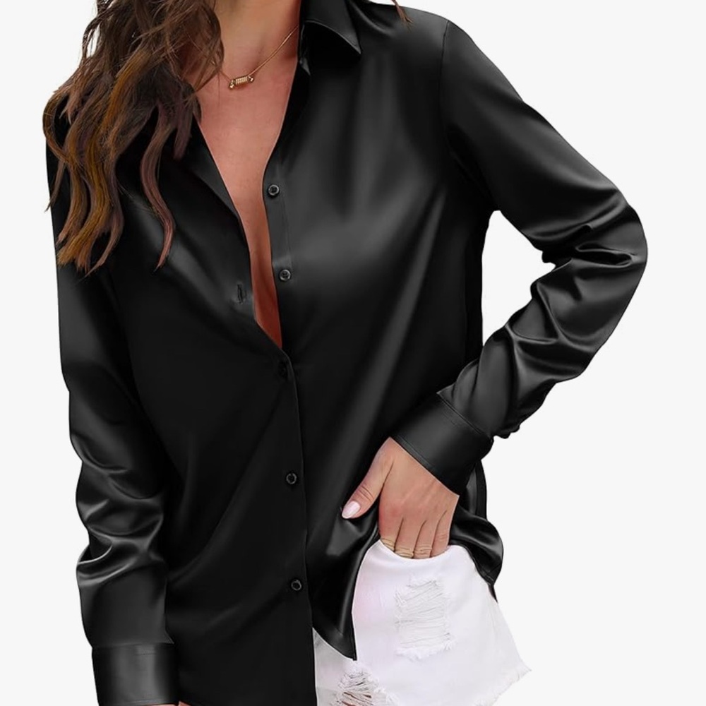 Amazon Black Satin Women's Button Down Shirt